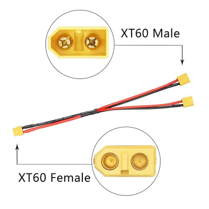 XT60 Parallel Battery Connector Cable, 12AWG XT60 Y Splitter Adapter Cable | 2Pcs XT60 RC Lithium Paralle Power Cord 1FT, 1 Female to 2 Male Y Splitter Adapter Cable, Plug and Play, for RC Multicopter - style: XT60 1 Female to 2 Male Cable