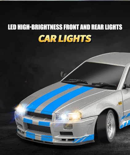 FLYCOLOR LD1899 1/18 RC Drift Car GTR R34 2.4GHz RWD with Gyroscope on-Road Alloy Body Shell Racing Cars Radio Control (Blue Grey) - color: Grey