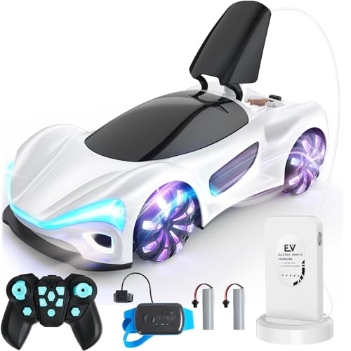 SIMREX Gesture Sensing Remote Control Car with Charging Dock - 360° Rotate Drift RC Stunt Car Toy, 40 Min Playtime, Dual Control, Spray Mist & LED Lights, Birthday Gift for Kids Boys Girls（White） - color: White