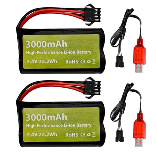 sea jump 2PCS 7.4V 3000mAh 15C 2S SM-4P Plug Li-ion Battery with USB Charger for EC08 DE85 RC Car, Truck RC Ship RC Drone Engineering Vehicle Backup Battery