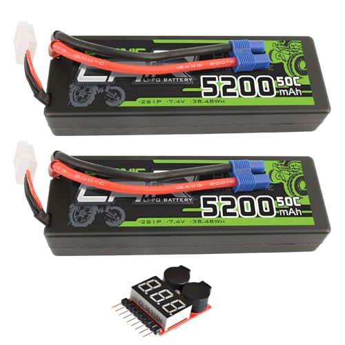 OVONIC Lipo Battery 5200mAh 50C 7.4V 2S RC Battery with EC3 Connector for RC Plane DJI Quadcopter RC Airplane RC Helicopter RC Car Truck Boat 2pcs(with Lipo Voltage Checker)