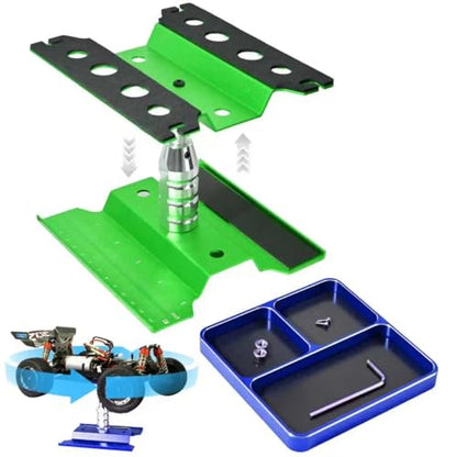 RC Car Work Stand Adjustable Height Lift Lower 360° Rotation Aluminum RC Repair Stand & Small Screw Tray Fit for 1/8 1/10 1/12 1/14 for Traxxa Axial Arrma RC Crawler Monster Truck Buggy (Green,Blue) - color: Green-blue