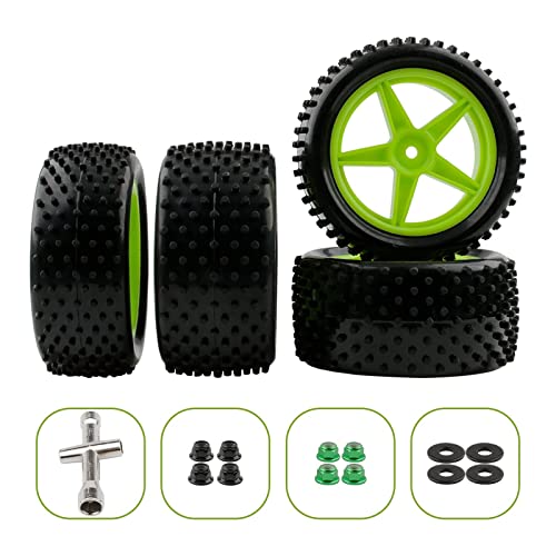 1/10 RC Rubber Tire 4pcs Front & Rear Tires and Wheels with Flange Lock Nuts Washers and Wrench for 1/10 Off Road RC Buggy Redcat Tornado S30 EPX HSP Tamiya Kyosho HPI, Green - color: Green