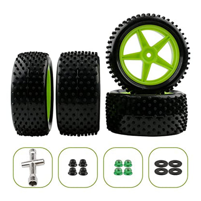 1/10 RC Rubber Tire 4pcs Front & Rear Tires and Wheels with Flange Lock Nuts Washers and Wrench for 1/10 Off Road RC Buggy Redcat Tornado S30 EPX HSP Tamiya Kyosho HPI, Green - color: Green