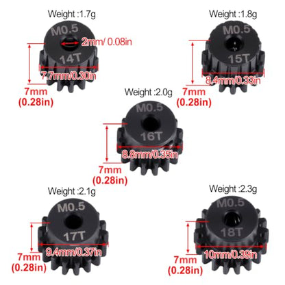 0.5M Pinion Gear Set 14T-18T, 2mm Bore Hardened Steel Motor Gears with Set Screws, 5PCS RC Gear Set Compatible with Losi Micro-B 1/24 1/28 RC Cars