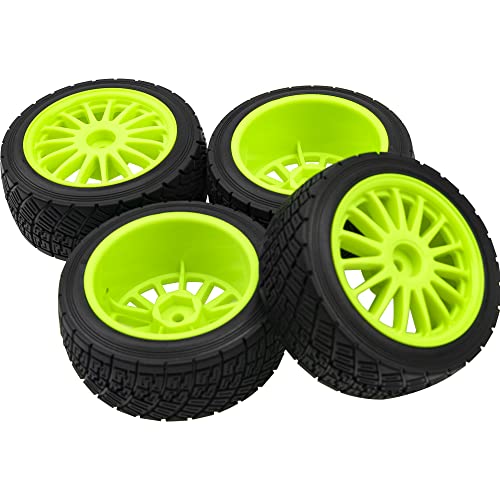 80mm/3.14" Rubber Tires & Plastic Wheel Rims 2.2 Inch 12mm Hex Hub Compatible with 1/10 HPI WR8 Off-Road Rally 1/14 WLtoys 124019 144001 1/16 Redcat Volcano RC Buggy (Green) - color: Green