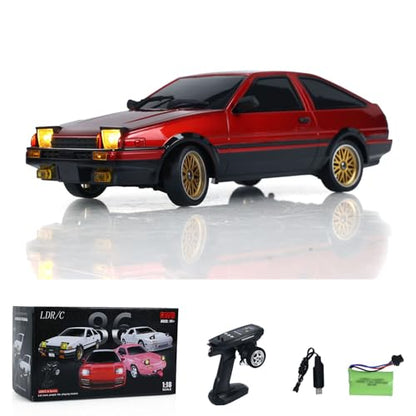 US in Stock, 1/18 RC Drift Racing Car 86 Rwd LDRC LD1801 Wireless Control Vehicle Gyroscope Light System Motor Servo ESC Hobby Grade Model for Birthday Gift(Vintage Red with Gyro)