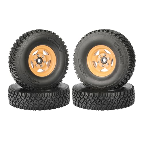 4PCS 1.55 Inch Beadlock Metal Wheel Rim and Rubber Tires Set for 1/10 RC Rock Crawler Car for Axial AX90069 D90 TF2 Tamiya CC01 LC70(90mm-5Spokes Yellow) - color: 90mm-5spokes Yellow