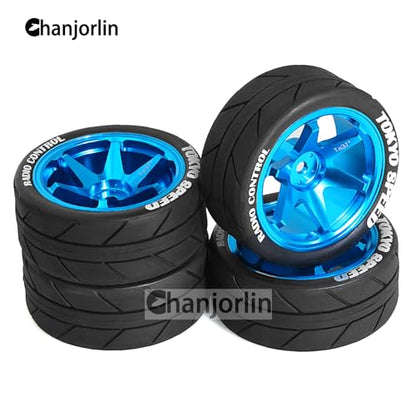 1/10 On Road Tires and Aluminum Wheels 12mm Hex RC Rally Racing Tyres OD 2.56" for Tamiya TT01 TT02 XV01 TA06 A959 PTG2 HPI KYOSHO PTG2 Traxxas 1:10 Street Touring Drift Car 4PCS (Blue) - color: Blue