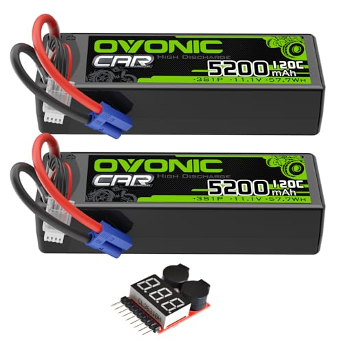 OVONIC 3S LiPo Battery 11.1V 5200mAh 120C with EC5 Plug for RC Car RC Truck Airplane Helicopter Boat Car Racing RC Hobby (2 Packs)(with Lipo Voltage Checker)