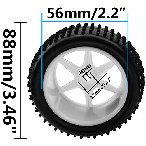 12mm Hex Plastic Wheel Rims & OD 88mm/3.46" Rubber Tire Front Rear Tyre Compatible with Redcat HPI HSP ExceedRC Kyosho Losi 1/10 Scale Off Road Buggy (White) - color: White