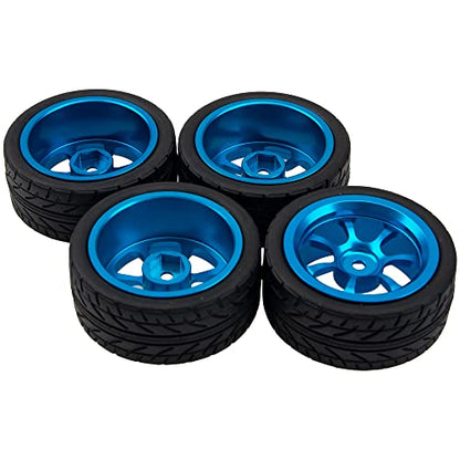 Metal Wheel Rims 12mm Hex Hub & OD 2.56" Rubber Tires Compatible with Tamiya HPI Kyosho HSP Redcat Exceed RC 1/10 On-Road Touring Car WLtoys 1/14 144001 (Dark Blue)