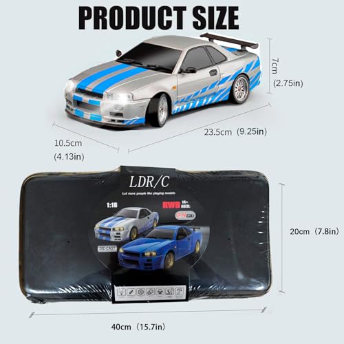 FLYCOLOR LD1899 1/18 RC Drift Car GTR R34 2.4GHz RWD with Gyroscope on-Road Alloy Body Shell Racing Cars Radio Control (Blue Grey) - color: Grey