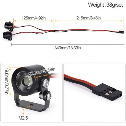 AMK 1/10 RC Crawler LED Lights, 2Pcs 3W Aluminum Headlights Spotlight, 5-12V RC Light Kit with Receiver or 2S/3S Power for Axial SCX10 90046 RC4WD D90 TRX4 TRX6 DIY Upgrade Accessories (Black) - color: Black