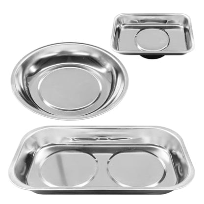 3PCS Magnetic Tray Holder, Stainless Steel Extra Strong Magnetic Bowl Parts Tray Set for Screws, Nuts, Bolts, Sockets, Pins – Mechanic Tool Metal Parts Organizer for Automotive Repair(Round&Rectangle)
