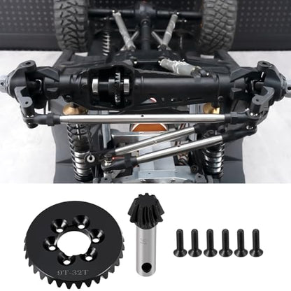 Diff Ring&Pinion Gear 32/9T 1.35M for Axial SCX6 JLU JeepTrail | Honcho AXI05000 AXI05001 1/6 RC Crawler Upgrade Parts Steel Front or Rear Spiral Cut Differential Gears - size: 32T/9T/1.35 Mod