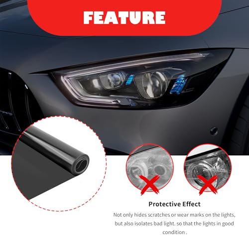 12×47 Inch Car Headlight Tint Film,Self-Adhesive Tail Light Tint Film Kit with Squeegee & Cutter,Universal Taillight Tints Films Automotive Exterior Accessories for Car Fog (Gloss Black) - color: Gloss Black