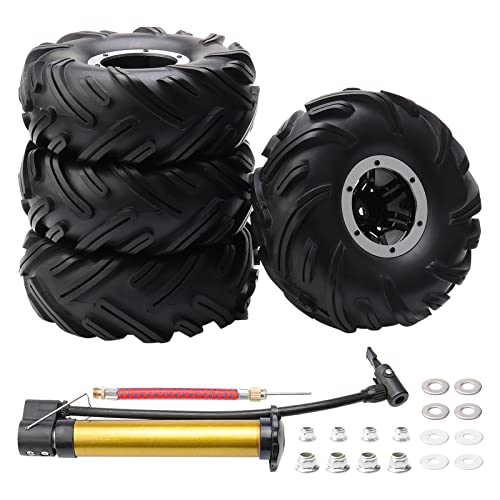4-Pack RC 2.2" Tires & 12mm Wheel Rims, Silver | Inflatable OD 140mm, Mud Badland Tractor Tread Tyres, Lock Nuts, 1/10 Rock Crawler Monster Truck, Traxxas Maxx Axial RC4WD - color: Silver