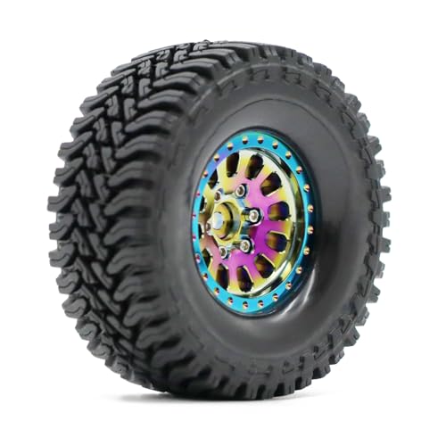 1.3” Brass Beadlock Wheels & All-Terrain Tires Set for 1/18 1/24 RC Crawler TRX4M, Axial SCX24 / AX24, Redcat Ascent-18, FMS FCX24, -5.40mm Offset, 7mm Hex, 4 pcs, Iridescent Green - color: Iridescent-green