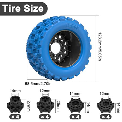 LRFHL MX28 F/R 2.8" RC Monster Truck Tires and Wheels 4PCS, Blue | 12mm/14mm Hex Adapter, 1/10 RC Monster Truck, Compatible with Traxxas Stampede Rustler Redcat Arrma Vorteks Big Rock Granite - color: Blue Tires+ Black Wheel-6