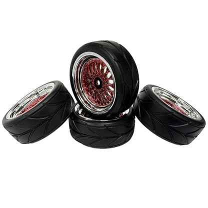 4PCS 64mm RC On Road Rubber Tires and Plastic Plating Wheel Rims Set Replacement Part for 1/10 RC Run-flating Touring Racing Drift Car Tyre(Red Silver,Offset:3mm) - color: Red Silver, size: Offset:3mm