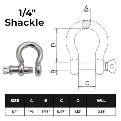 316 Stainless Steel Bow Shackle with Oversized Screw Pin, Marine-Grade Hardware for Anchor Lines, Towing, Dinghies, Canoes, Trailers, Utility Tie-Downs & Off-Road Recovery - size: 1/4" with 5/16" Pin .55T WLL, style: 01-Pack