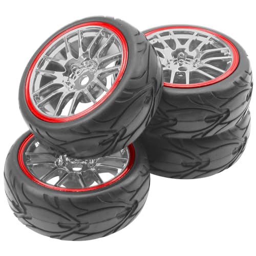 ShareGoo RC OD 2.59" Plastics 12mm Hex Wheels Rims & Rubber Tires Set 14-Spoke Compatible with Traxxas Tamiya Sakura HSP Kyosho WLtoys 1/10 RC On-Road Racing Touring Car (Red) - color: Red