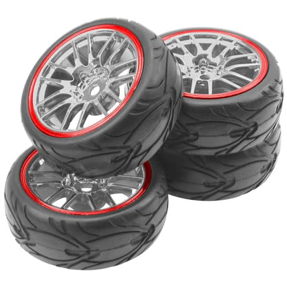 ShareGoo RC OD 2.59" Plastics 12mm Hex Wheels Rims & Rubber Tires Set 14-Spoke Compatible with Traxxas Tamiya Sakura HSP Kyosho WLtoys 1/10 RC On-Road Racing Touring Car (Red) - color: Red
