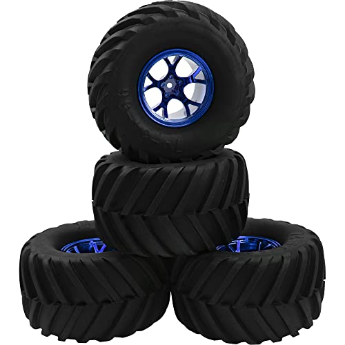 5.31''OD Rubber Tires & Wheel Rim 12mm Hex Hub Compatible with Traxxas Rustler HPI HSP Volcano Tamiya Exceed Himoto 1/10 Off-Road Monster Truck,135mmx73mm (Blue) - color: Blue