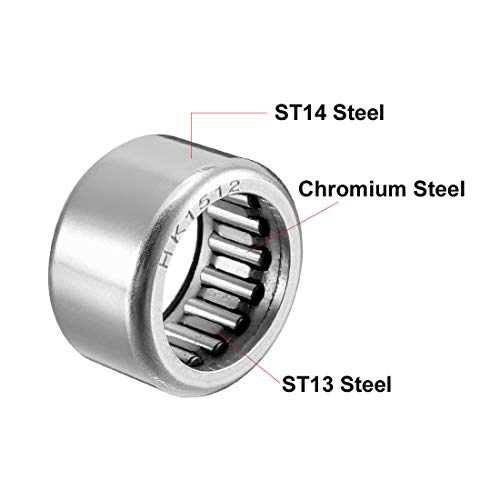 uxcell HK1512 Drawn Cup Needle Roller Bearings, Open End, 15mm Bore Dia, 21mm OD, 12mm Width (Pack of 10) - size: 15x21x12mm