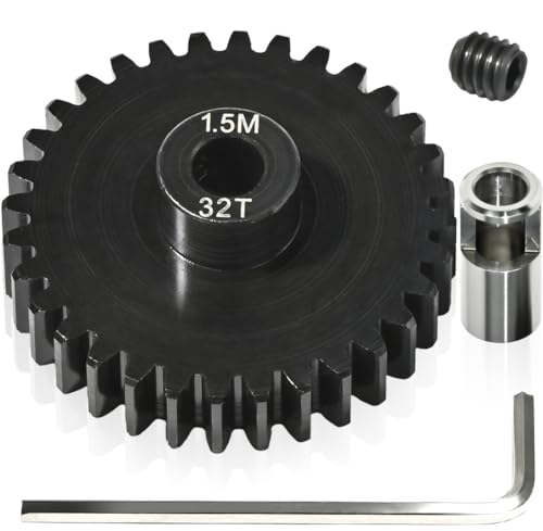 M1.5 32T Pinion Gear 8mm Bore with 8mm to 5mm Shaft Adapter Sleeve, Chromium Steel Motor Gear with Set Screw & Hex Key for Traxxas ARRMA Losi 1/5 1/8 RC Cars - size: 32T