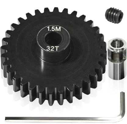 M1.5 32T Pinion Gear 8mm Bore with 8mm to 5mm Shaft Adapter Sleeve, Chromium Steel Motor Gear with Set Screw & Hex Key for Traxxas ARRMA Losi 1/5 1/8 RC Cars - size: 32T