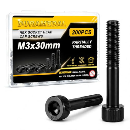 M3 x 30mm Screws 200pcs Hex Socket Head Cap Screws Bolts for 3D Printer DIY | Oil-Free Design 12.9 Grade Alloy Steel Black Zinc Plated, Allen Drive Half-Thread Machine Screws - size: M3*30mm 200pcs