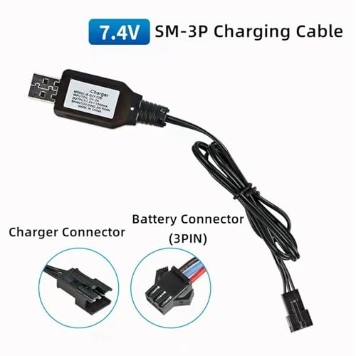 7.4V 3Pin SM-3P Plug USB Charger Cable for RC Cars Boats Toys Shark Vacuum Battery Charger Li-ion Battery Charger (2PCS)