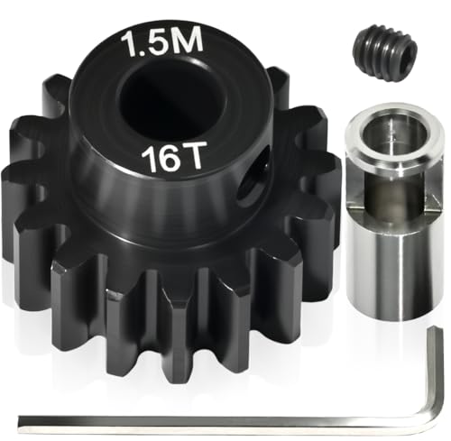 M1.5 16T Pinion Gear 8mm Bore with 8mm to 5mm Shaft Adapter Sleeve, Chromium Steel Motor Gear with Set Screw & Hex Key for Traxxas ARRMA Losi 1/5 1/8 RC Cars - size: 16T