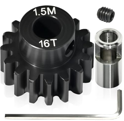 M1.5 16T Pinion Gear 8mm Bore with 8mm to 5mm Shaft Adapter Sleeve, Chromium Steel Motor Gear with Set Screw & Hex Key for Traxxas ARRMA Losi 1/5 1/8 RC Cars - size: 16T