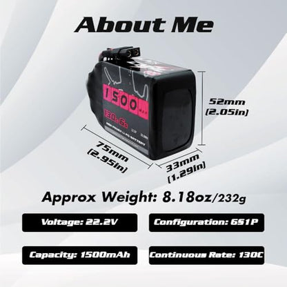 CNHL 1500mAh 6S LiPo Battery 22.2V 130C with XT60 Plug (2 Packs) | High discharge RC battery for FPV racing drones, freestyle quadcopters, RC helicopters, and airplane models.