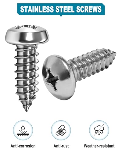 Stainless Steel License Plate Screws, M6 (1/4"), with Chrome Caps | Rustproof Car Tag Fasteners, Front Rear Mount Hardware, Self-Tapping Screws Nylon Inserts + Screwdriver - style: Self-tapping Screws
