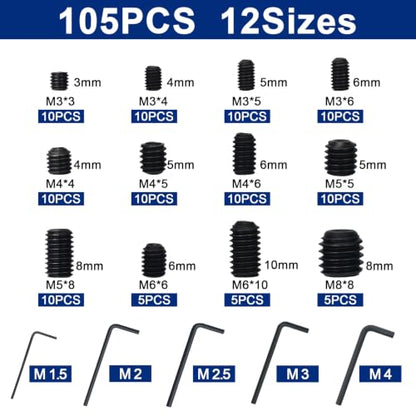 105Pcs Set Screws Assortment Kit, M3 M4 M5 M6 M8 for Daily Needs | 12 Sizes Metric Grub Screws, Set Screws for Repairing Bathroom Fixtures, Door Handles, Faucets, Furniture & DIY