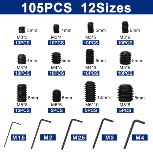 105Pcs Set Screws Assortment Kit, M3 M4 M5 M6 M8 for Daily Needs | 12 Sizes Metric Grub Screws, Set Screws for Repairing Bathroom Fixtures, Door Handles, Faucets, Furniture & DIY