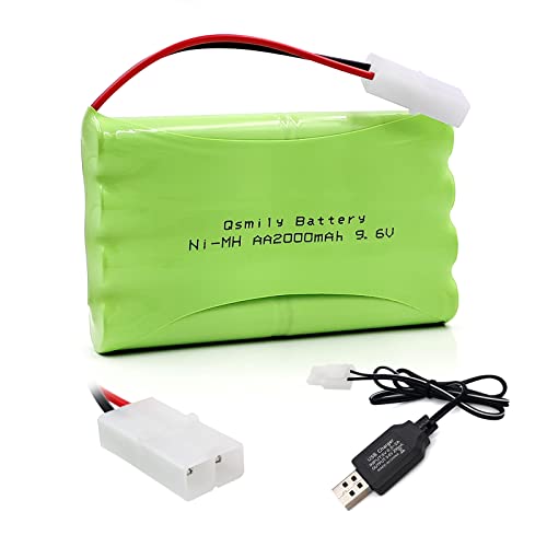Qsmily® 9.6V Ni-MH Battery Pack, 2000mAh Rechargeable AA Battery with KET 2P Connector and USB Charger Cable, Suitable for RC Monster Truck, Battle Tank, Aircraft Carrier Model