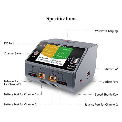 HOTA D6 Dual Port Rc Hobby Battery Charger Support AC DC 6.5-30V Input, 650W 15A without Power Supply Unit