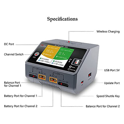 HOTA D6 Dual Port Rc Hobby Battery Charger Support AC DC 6.5-30V Input, 650W 15A without Power Supply Unit