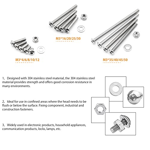 1560PCS M3 Bolts and Nuts Assortment, GTERNITY Metric M3x50/45/40/35/30/25/20/16/12/10/8/6/4 mm Cap Screws Assorted M3 Hex Socket Head Screws Nuts Washers Kit, 304 Stainless Steel - size: M3 1560 B