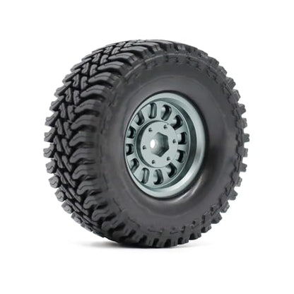 1.3” Brass Beadlock Wheels & All-Terrain Tires Set for 1/18 1/24 RC Crawler TRX4M, Axial SCX24 / AX24, Redcat Ascent-18, FMS FCX24, -5.40mm Offset, 7mm Hex, 4 pcs, Gunmetal Gray