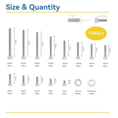 1080 Pcs M3 Screw Assortment, M3*6mm, 8mm, 10mm, 12mm, 14mm, 16mm, 18mm, 20mm, 25mm, 30mm, 35mm, 40mm, 50mm, Stainless Metric Hex Socket Head Cap Screws Nuts and Washers with Wrench - size: Hex Socket Head Cap