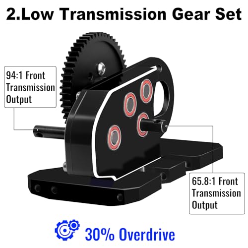 OGRC 2.Low Transmission 30% Overdrive Complete Gearbox for SCX10 Upgrades | Aluminum Housing, Steel Gear, with Skid Plate and 15T Pinion Gear, for Axial SCX10 RC Crawler Car, Black - color: Black