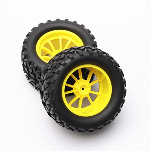 4PCS RC Rubber Tire 12mm Hex Wheels 1/10 Scale Monster Truck Yellow | Gravel Tread, 5 Spokes Wheel Rim