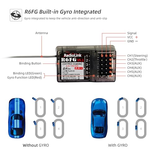 Radiolink RC4GS V3 5CH 2.4G RC Transmitter R6FG Gyro Receiver for Crawler | 2.4GHz Surface Radio Remote Controller Combo, 30 Models Storage for RC Drifting, Bash, Buggy Cars and Boats