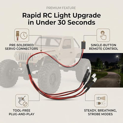 4 LED Rock Lights Kit for Axial SCX24 1/24 RC Crawler Car Upgrade Parts, White and Red Headlight Taillight Lighting System with Remote Control